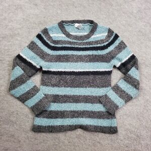 VINTAGE Carl Rose Sweater Womens L Large Teddy Fleece Long Sleeve Striped Blue